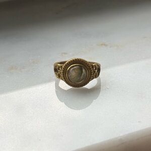 Vintage Gold Tone Ring Green Cabochon Stone Filigree Setting Size 4.5